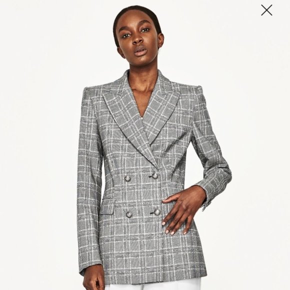Zara Grey Plaid Double Breasted Blazer 